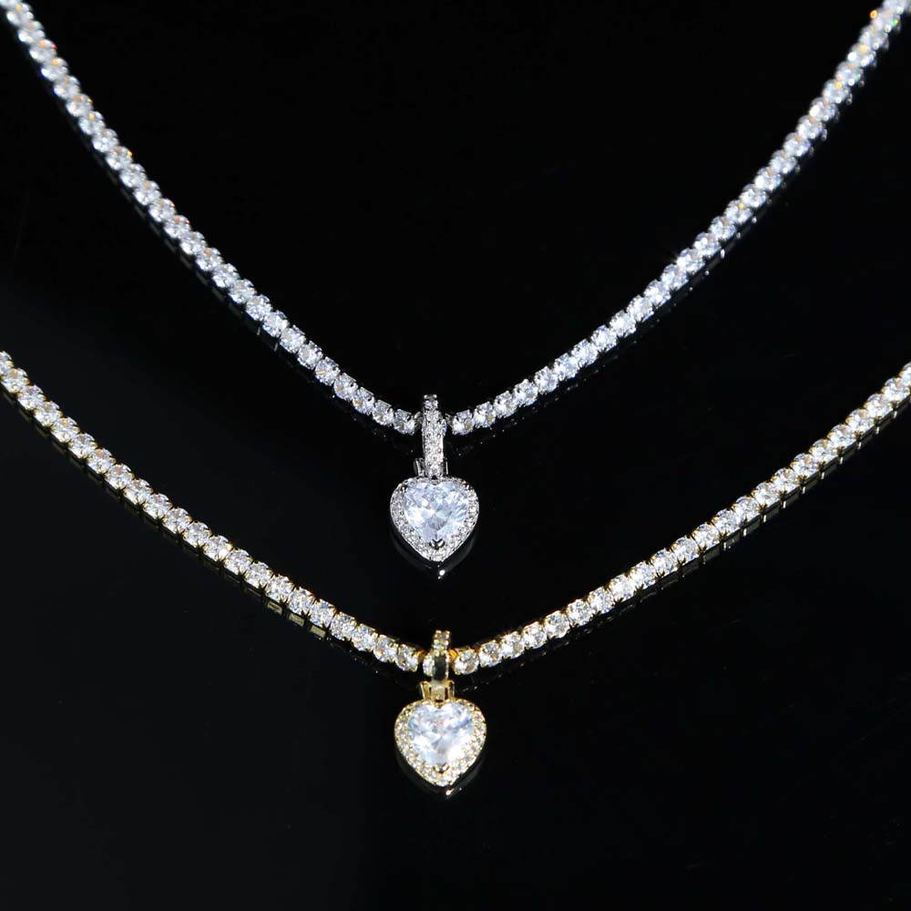2021 valentines day gift jewelry 5a cubic zirconia 3mm cz tennis chain halo heart pendant ice necklace for girlfriend
