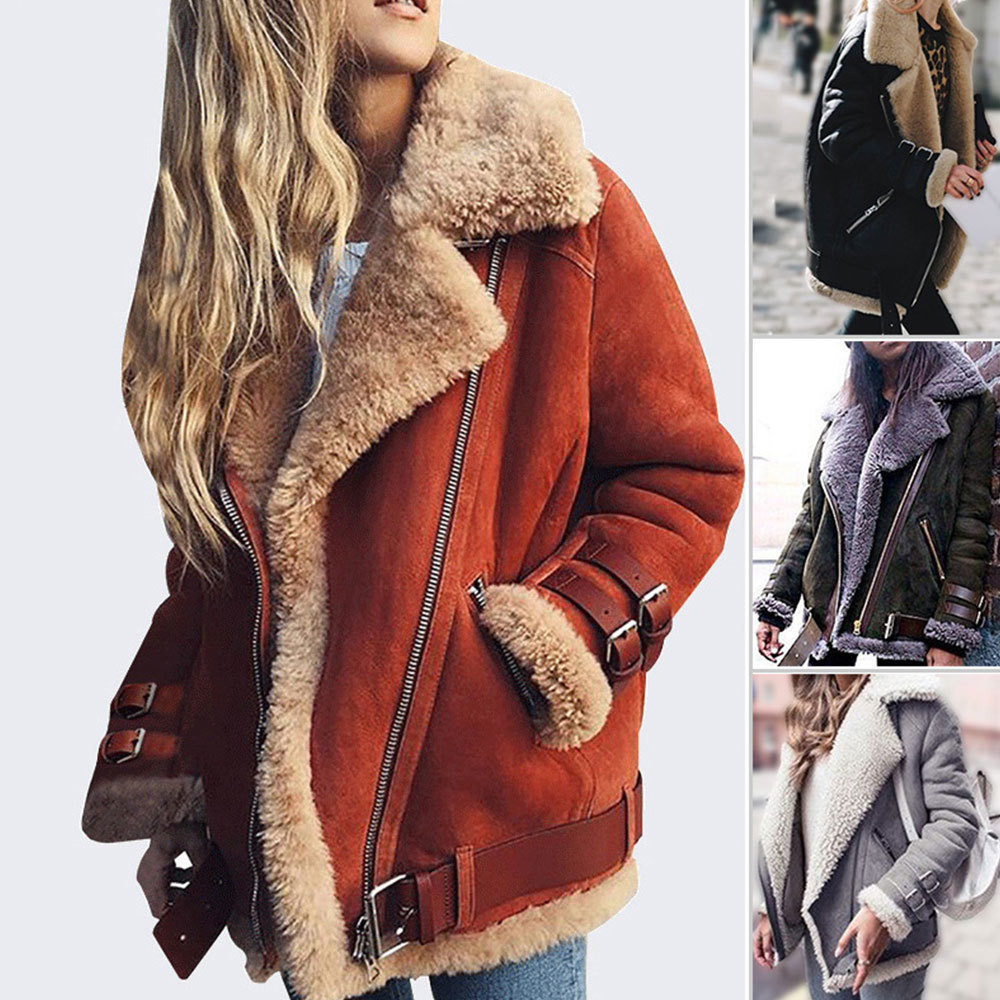 Jocoo Jolee Faux Shearling Sheepskin Coats Women Thick Suede Jackets Autumn Winter Lambs Wool Short Motorcycle Coats Windbreaker T200828