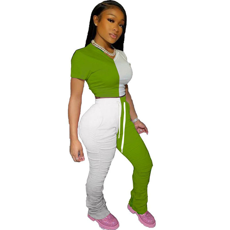 HAOYUAN Splice Two Piece Set Summer Outfits for Women Tracksuit Crop Top and Stacked Pant Lounge Wear Matching Sets Sweat Suits T200603