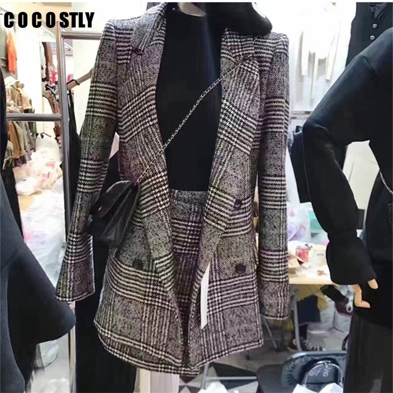 autumn 2 piece set women long sleeve jacket coat outwears plaid tweed skirts suit two outfits plus size 220314
