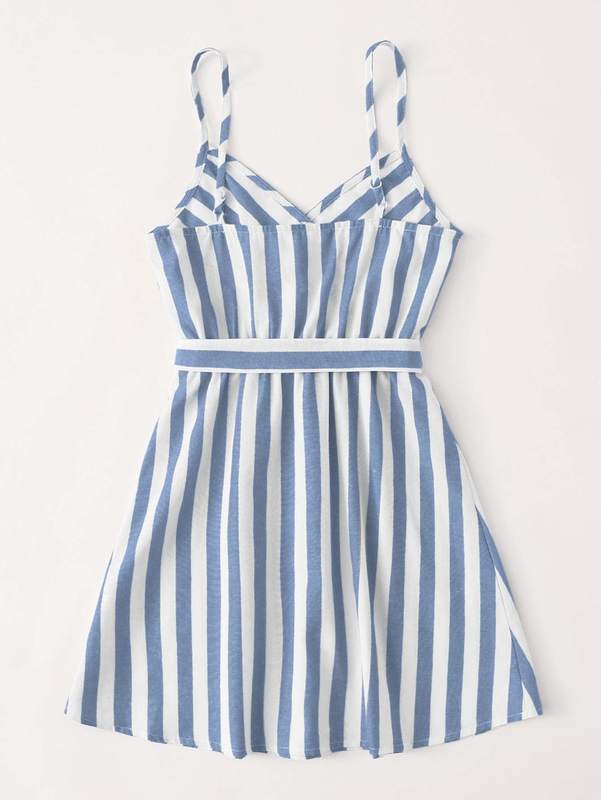 Girls Surplice Neck Self Belted Two Tone Striped Cami Dress SHE
