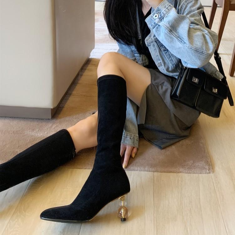 Women's Stretch Cloth Flock Knee High Boots Pointed Toe Black Apricot Strange Heel Crystal Heels Shoes K9
Women's Stretch Cloth Flock Knee High Boots Pointed Toe Black Apricot Strange Heel Crystal Heels Shoes K9