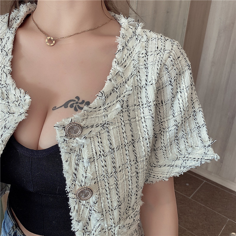 Summer clothes Thin Tweed Jackets Women Summer Short Sleeve Cropped Jacket Streetwear Fashion Wide-waisted Single Breasted 201026