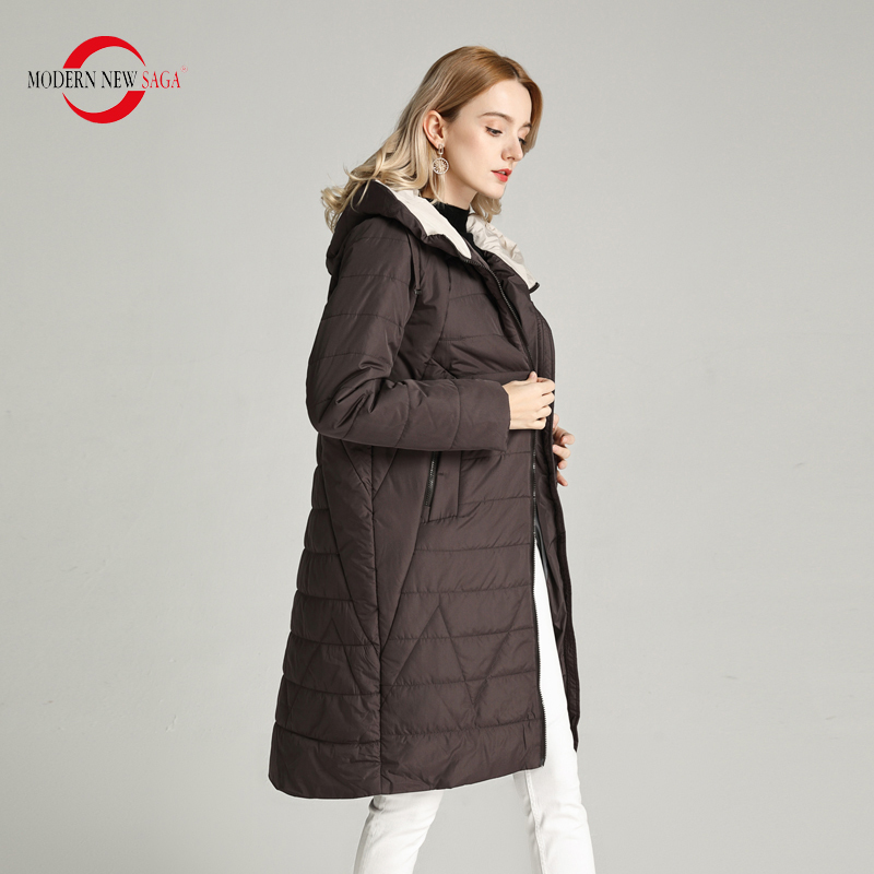 MODERN NEW SAGA Women Coat Spring Thin Padded Jacket Polyester Autumn Women Long Jacket Hooded Woman Parka Ladies Overcoat 201019