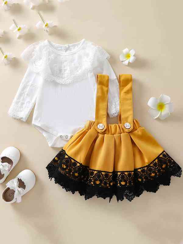 Baby Embroidery Mesh Bodysuit & Guipure Lace Insert Suspender Skirt SHE
