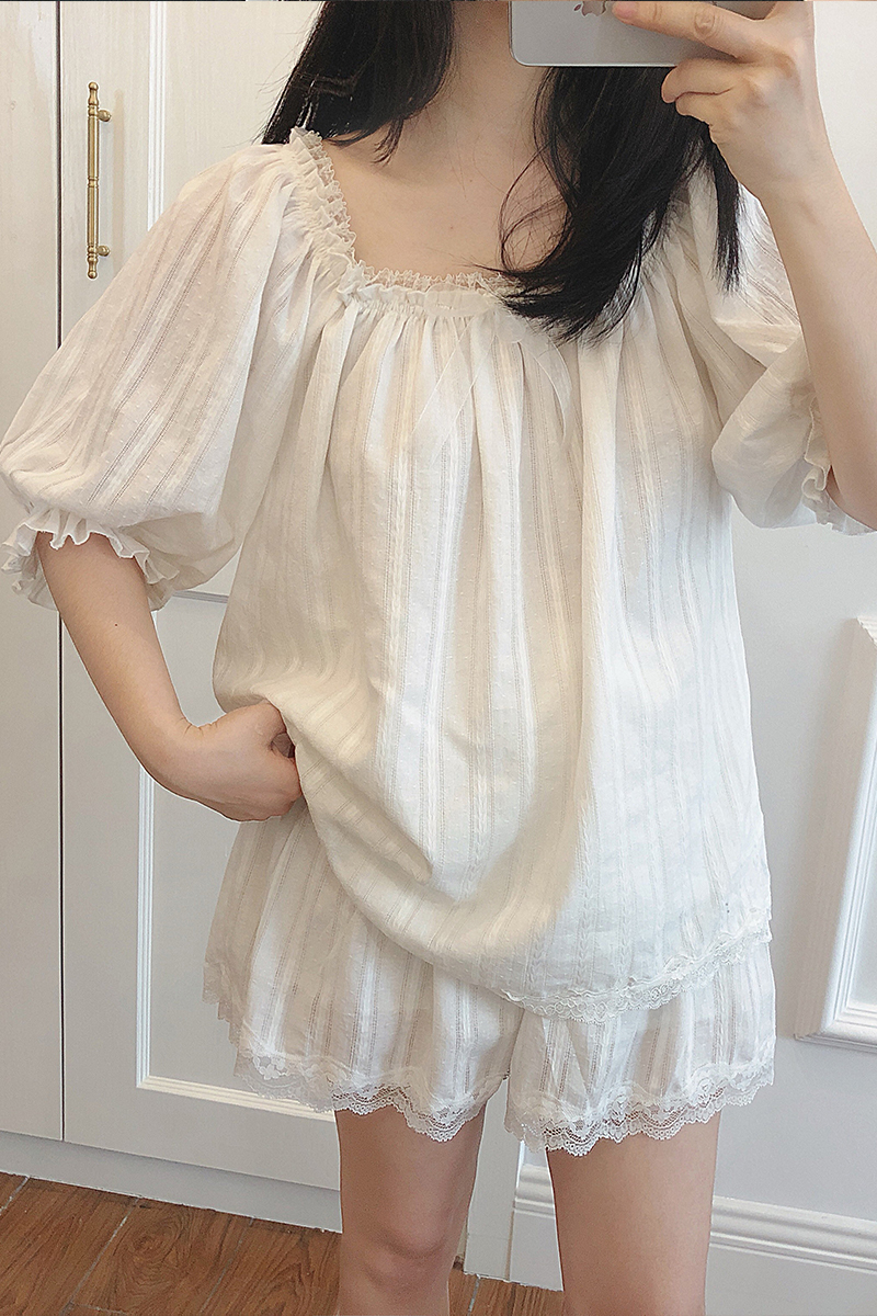 Cute Women's Lolita Pajama Sets Cotton Ruffle Tops+Shorts.Vintage Ladies Girl's Lace Pyjamas set.Victorian Sleepwear Loungewear T200707
