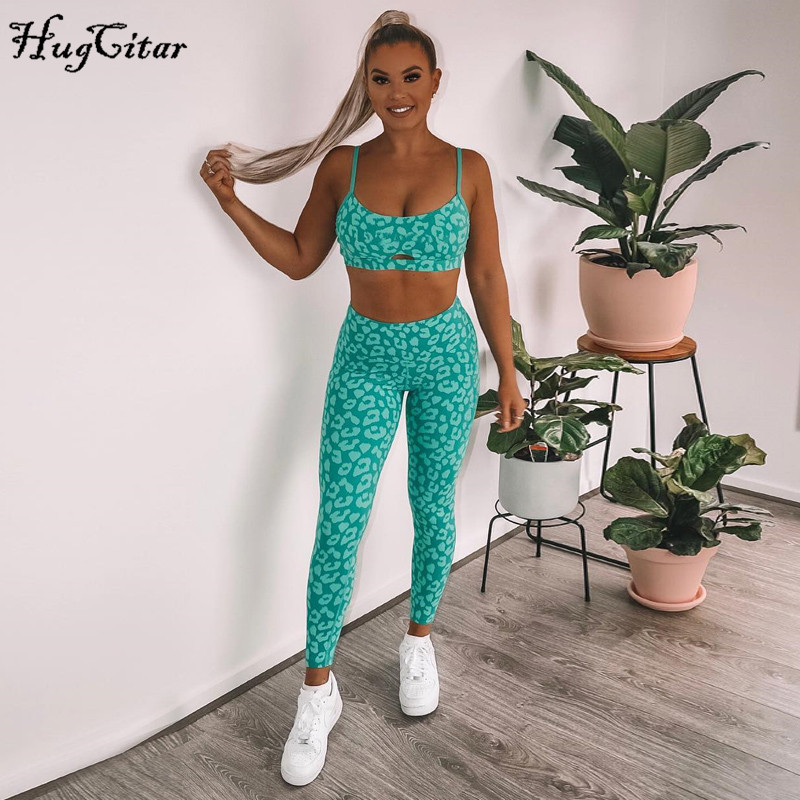 Hugcitar print stretchy camis leggins 2 two pieces set autumn women casual sprotswear slim tracksuit 201104