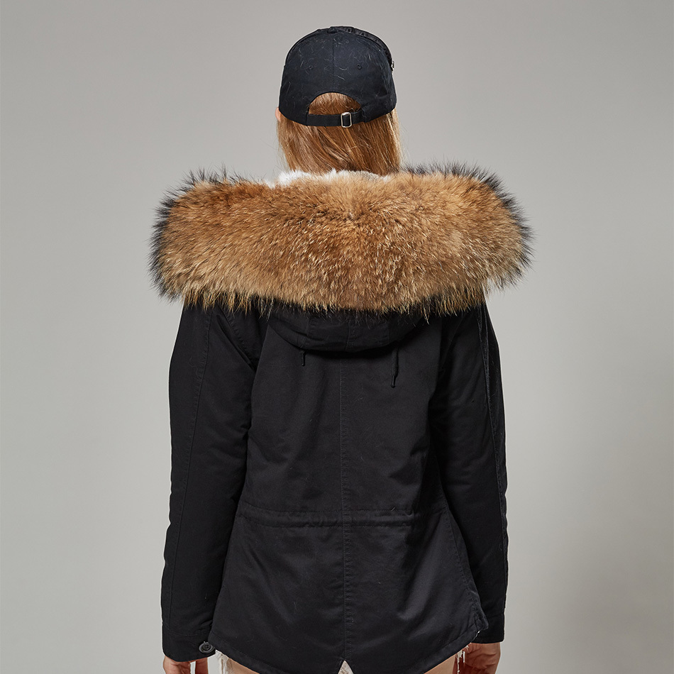 maomaokong Black fur Collar winter coat women jacket Natural Fur Bunny Lined Jacket Coats