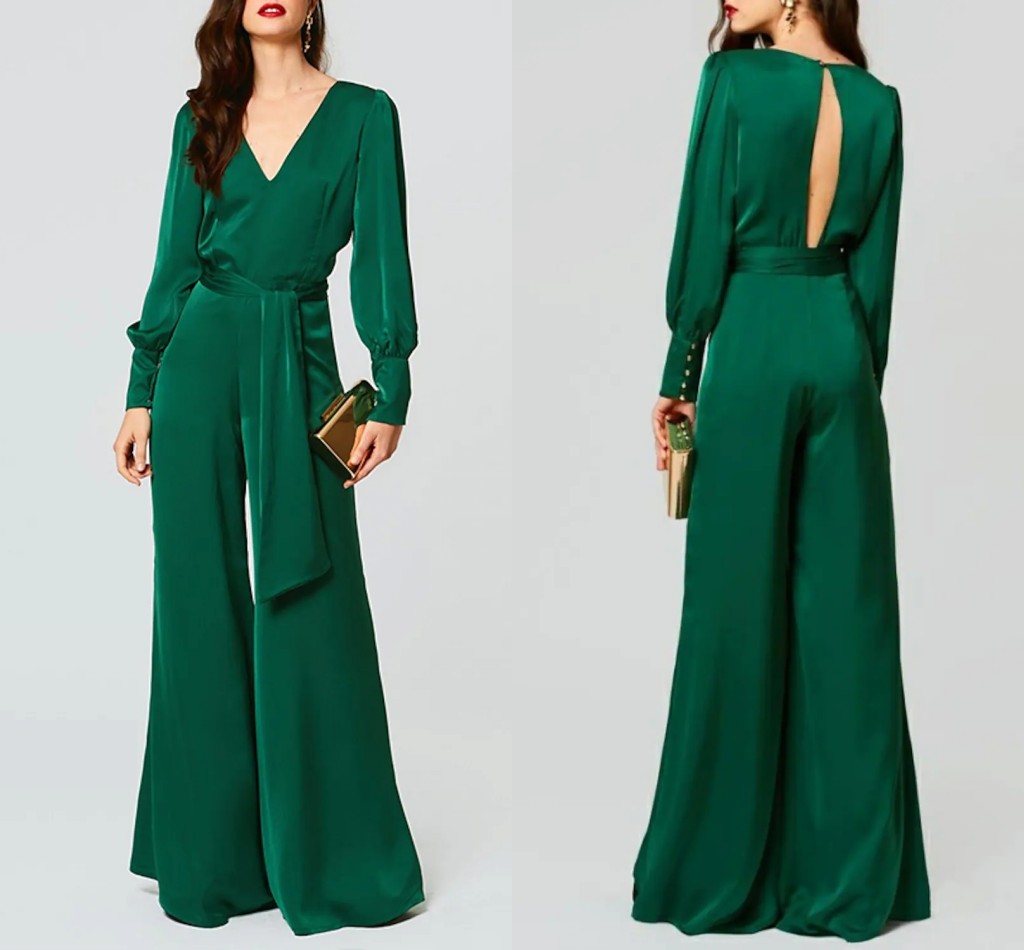 Dark Green Jumpsuits Beautiful Open Back Evening Dress 2022 V-Neck Long Sleeve Sash Prom Formal Gown Robes De Soirée