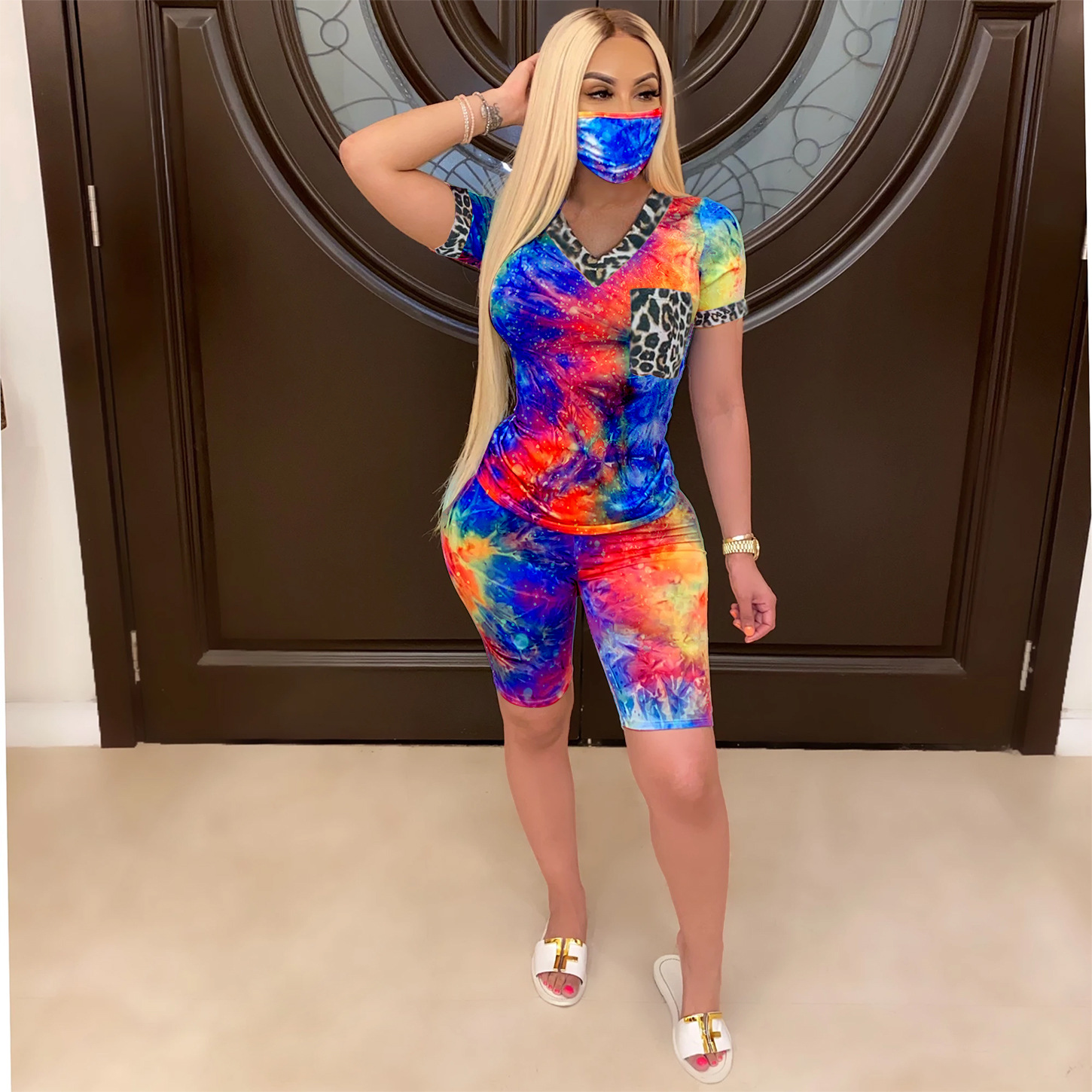 Tracksuits European and American women's tie-dye sweetheart neckline casual fashion home sports shorts suit (including mask)