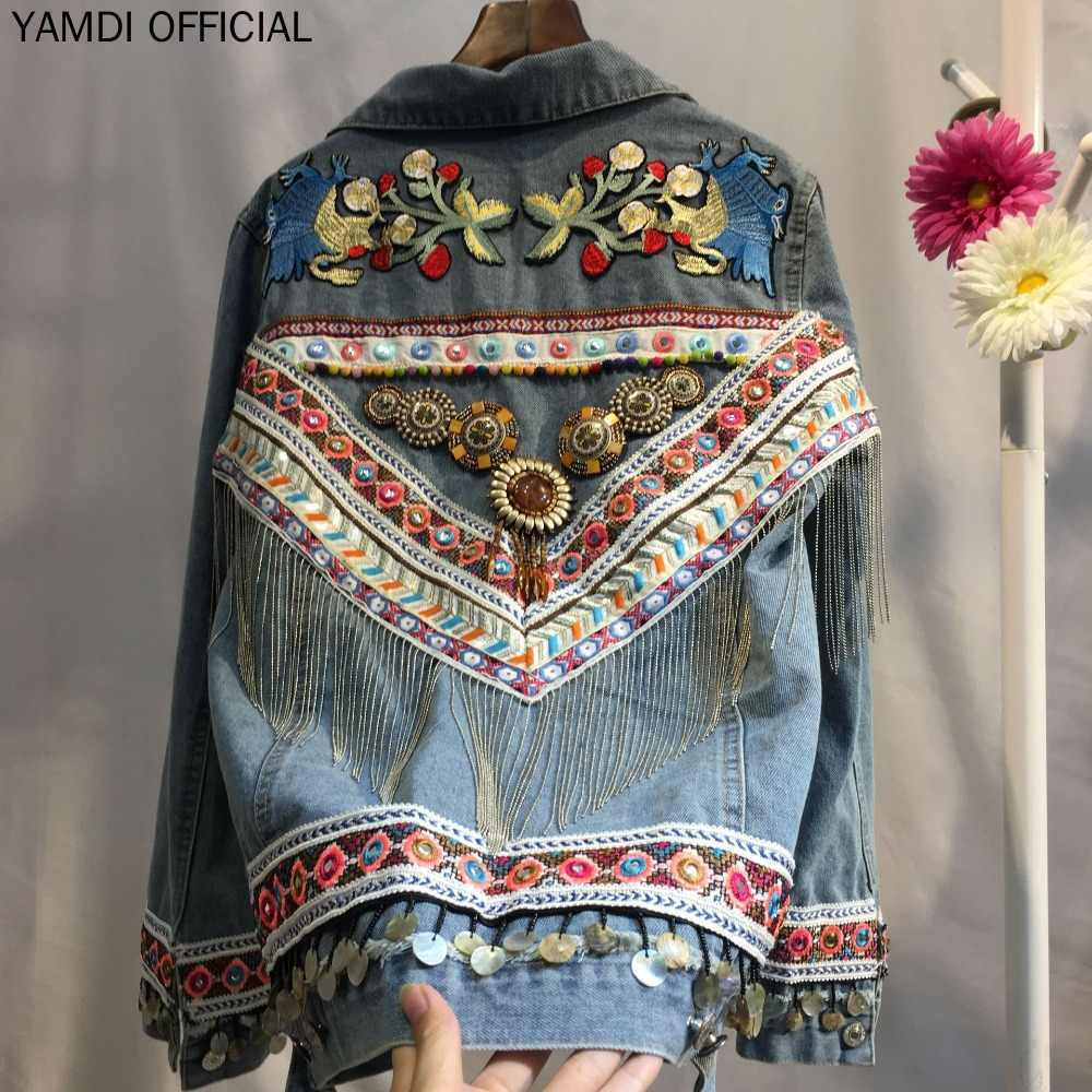 YAMDI Women Embroidered Denim Jacket Vintage Long Sleeve Coat Festival Runway Embellished Jacket Chic Ladies Chaqueta 201017