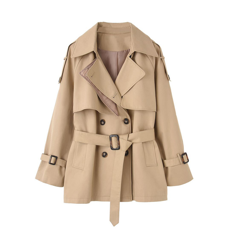 Classic Khaki Short Double-Breasted Trench Coat for Lady with Belts Flaps Women Windbreaker Spring Autumn Female Clothes T200828