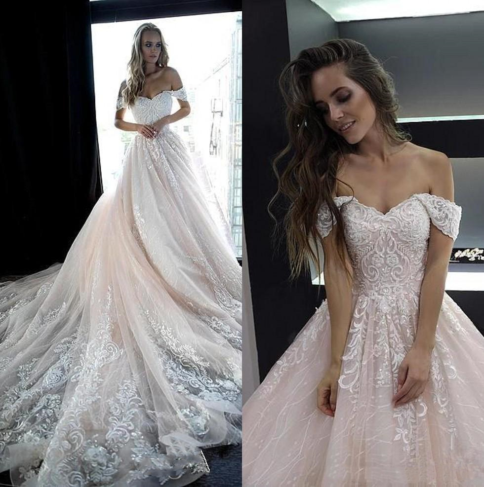 Luxury Light Pink Chapel Lace Wedding Dresses Bridal Gowns 2022 Off Shoulder Tulle Appliques Beads A Line Bride Weddings Dress Vestidos de novia Maria