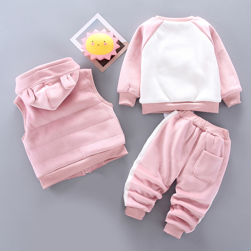 Bear Leader Girls Kids Winter Cartoon Warm Suits 3PCS Zipper Vest with Hat and Cat Pattern Sweat and Striped Pants Girls OutfitsX1019