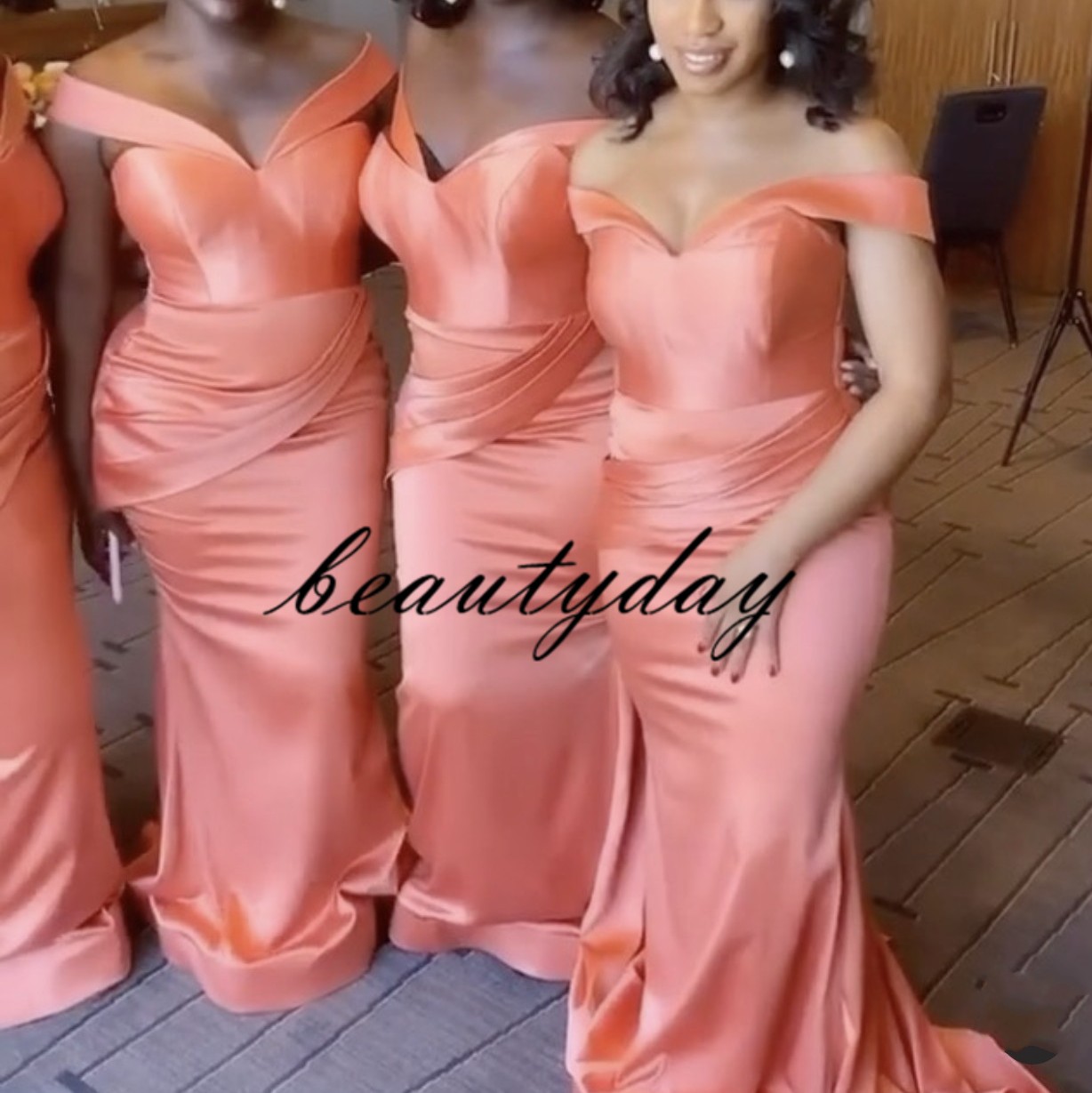 2021 Coral Bridesmaid Dresses Africa Mermaid Off Shoulder Wedding Party Guest Dresses Maid of Honor Dress Cheap Satin Long Draped