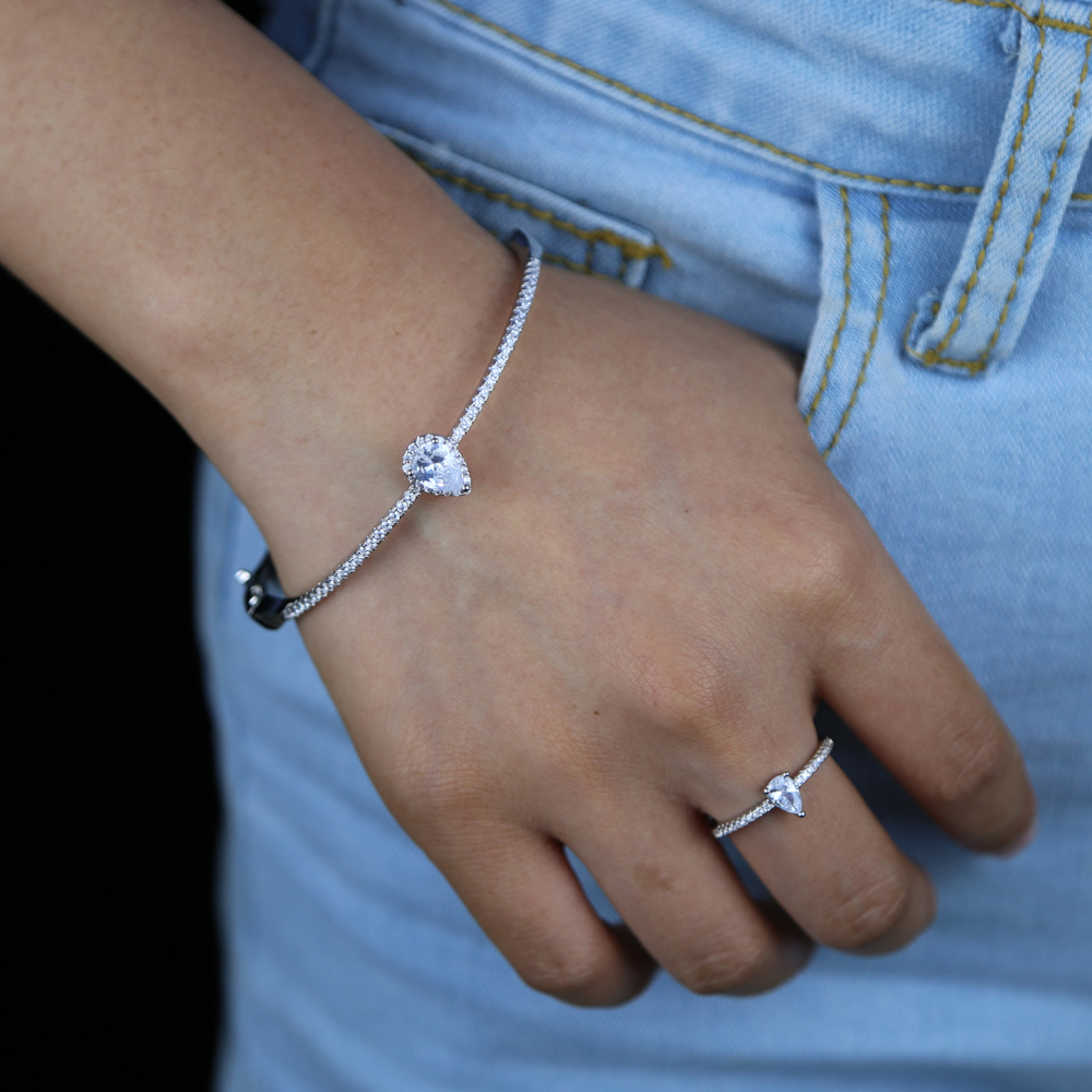 Trendy Silver color 5A Sparking bling bling cubic zirconia cz fashion jewelry geometric tear drop rectangle cz bangle bracelet Elegant Gift