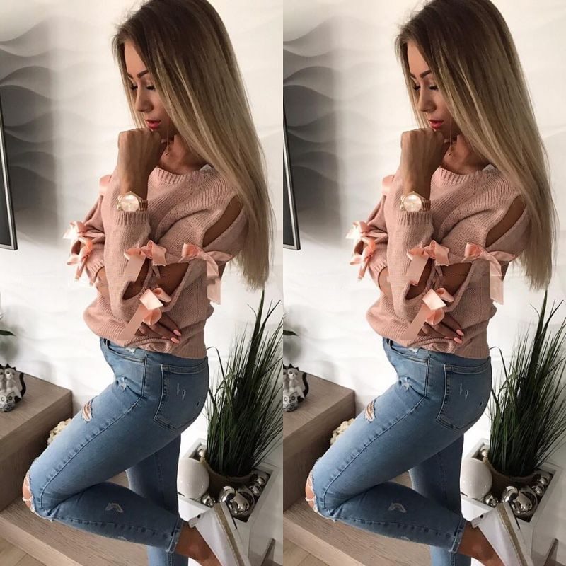 Knitted Women's Sweater Women Bowknot Hollow Out Thin Long Sleeve Pullover Pull Femme Ribbed Casual Jumper Winter Clothes 2019 T200101