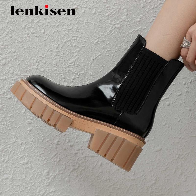 Lenkisen motorcycle boots real cow leather knitting platform round toe thick high heel slip on handsome preppy ankle boots L45, Black
Lenkisen motorcycle boots real cow leather knitting platform round toe thick high heel slip on handsome preppy ankle boots L45, Black