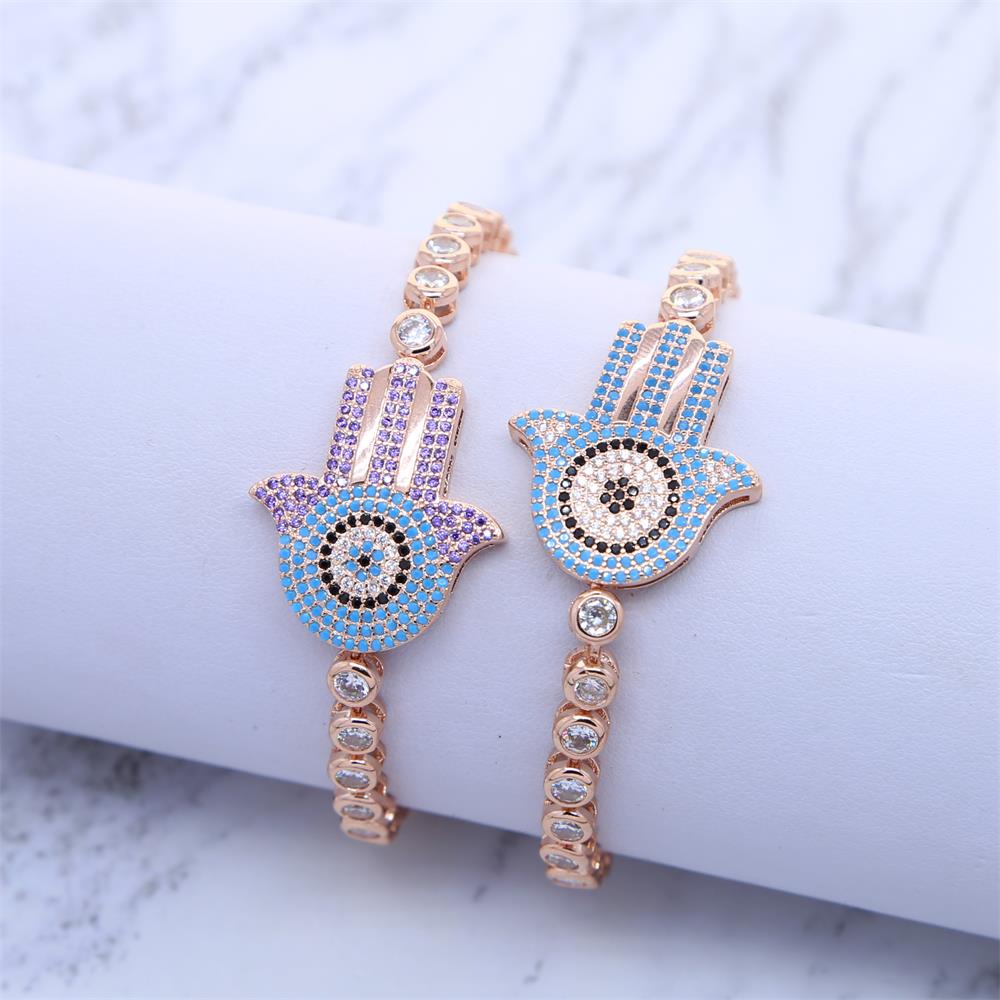 New Rose Gold Color Blue Purple CZ paved Turquoises Stone Adjust Tennis chain bracelet for women Lucky Hamsa Hand Bracelet Wholesale