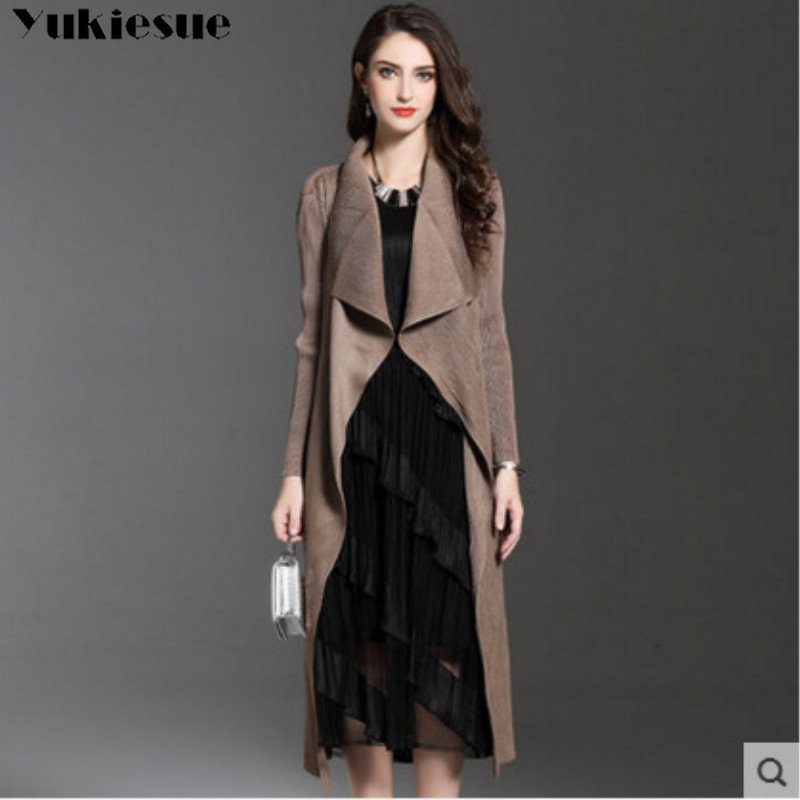 Spring Thin Windproof Outerwear Women Trench Coats pleated Long Sleeve Open Front Elegant Office Work Long Duster Coat Cardigan 201031