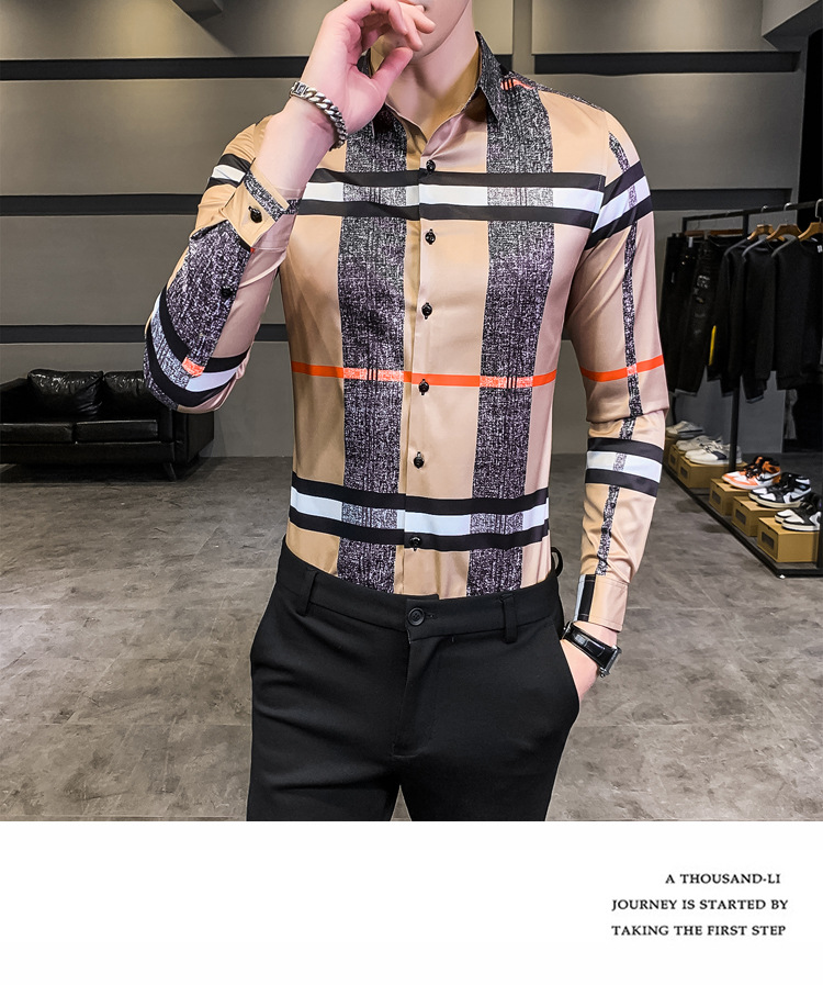 Business Casual Plaid Shirt Men's Formal Workwear Wedding Dress Slim Social Party Clothes Khaki Checked Shirt