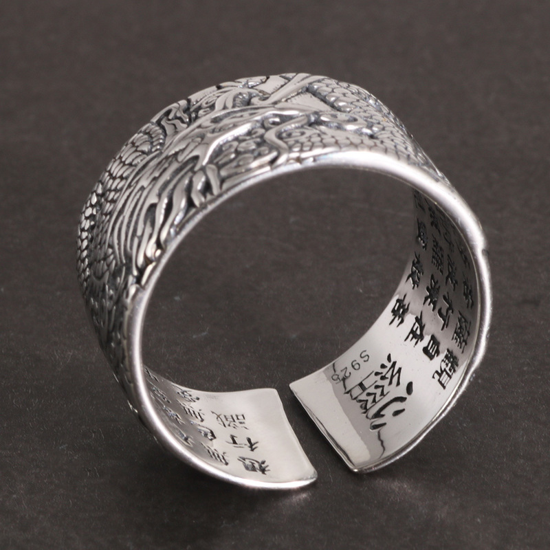 Real 925 Pure Silver Mens Biker Rings With Flying Dragon Vintage Punk Style Heart Sutra Engraved Buddhism Animal Jewelry 220217