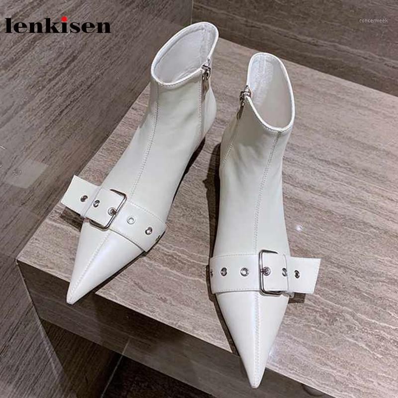 Lenkisen high street fashion genuine leather rock belt buckle pointed toe stiletto med heels beauty lady Zipper ankle boots L261, Beige
Lenkisen high street fashion genuine leather rock belt buckle pointed toe stiletto med heels beauty lady Zipper ankle boots L261, Beige