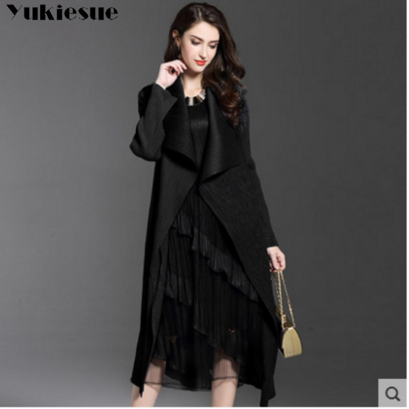 Spring Thin Windproof Outerwear Women Trench Coats pleated Long Sleeve Open Front Elegant Office Work Long Duster Coat Cardigan 201031