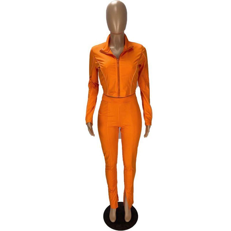 HAOYUAN Sexy Two Piece Set Jumpsuit Long Sleeve Top+Side Split Pants Fall Clothes for Women Tracksuit Club Outfits Matching Sets 201007