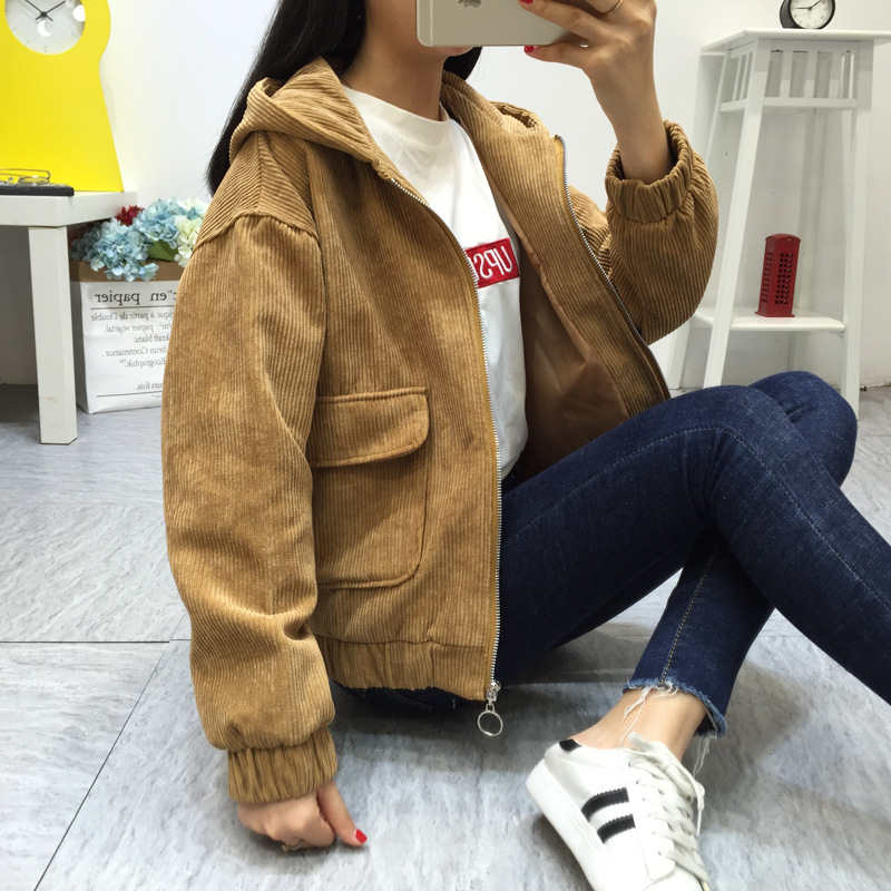 Women Hooded Corduroy Jacket 2019 Spring Fashion Long Sleeve Casual Jacket Coat Women Basic Loose Short Jacket Female Outerwear T200319