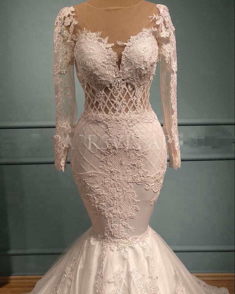 Luxury Lace applique Mermaid Wedding Dresses Sheer Long Sleeve Satin White Detachable Train African Wedding Bridal Gowns