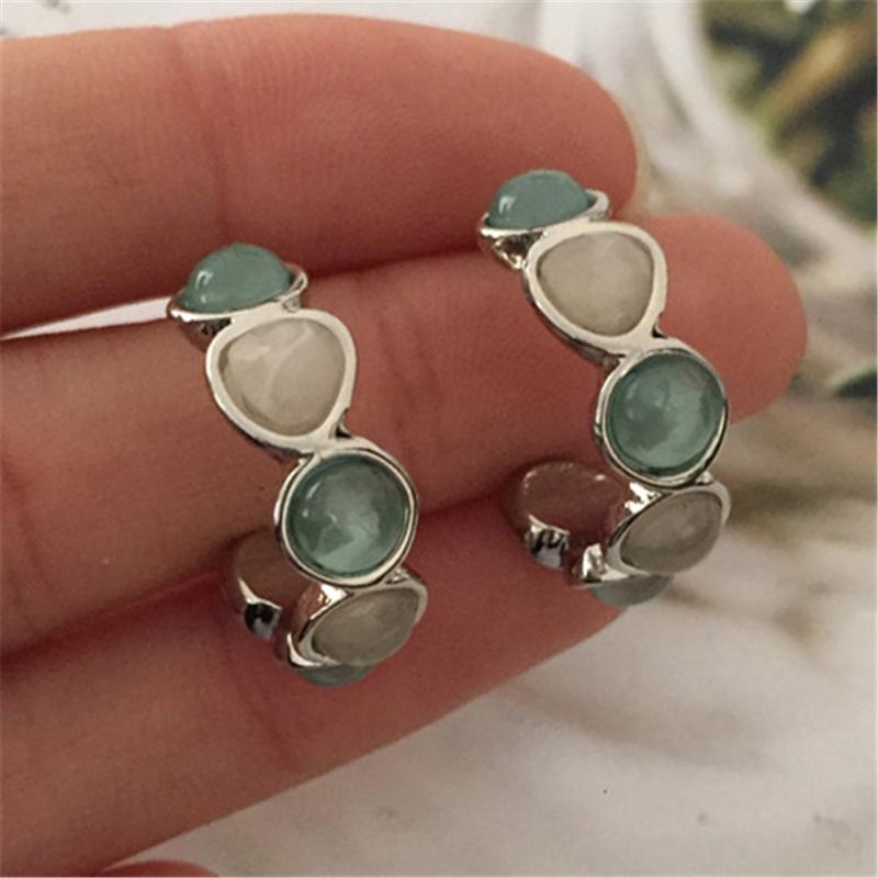 PRETTY WOMEN EARRINGS GOLD COLOR PLATING COLORFUL STONE HOOP EARRINGS