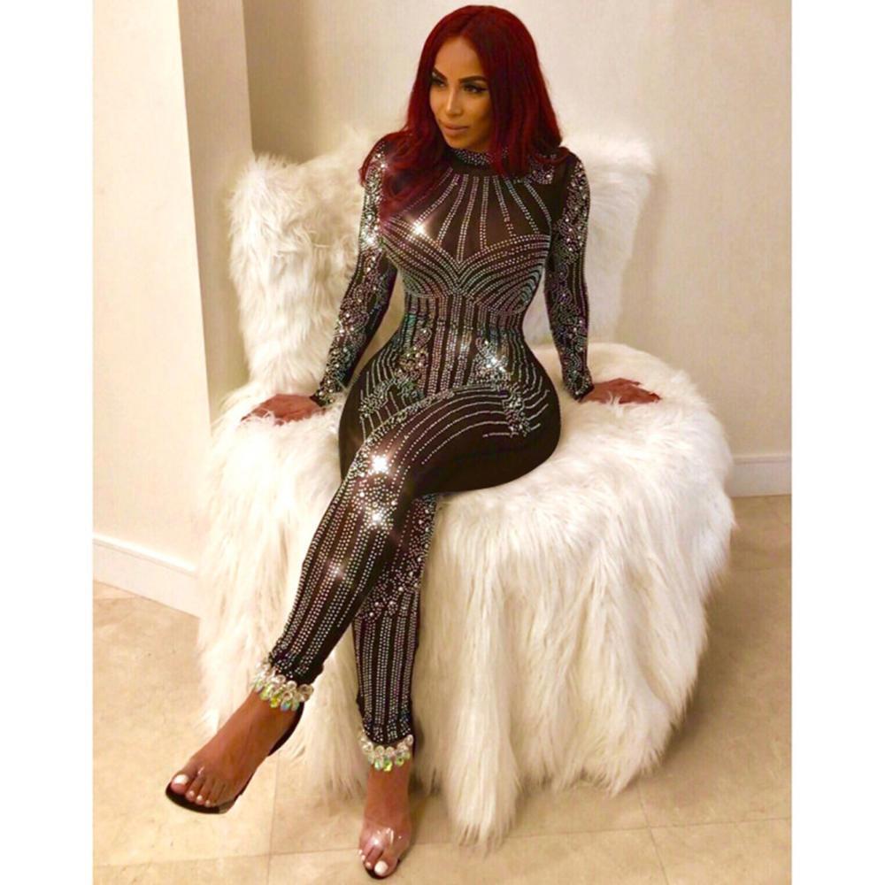 Rompers Womens Jumpsuit Rhinestone Glitter Sexy Long Sleeve Bodysuit Turtleneck Nightclub Mesh Elegant Jumpsuits Plus Size T200509