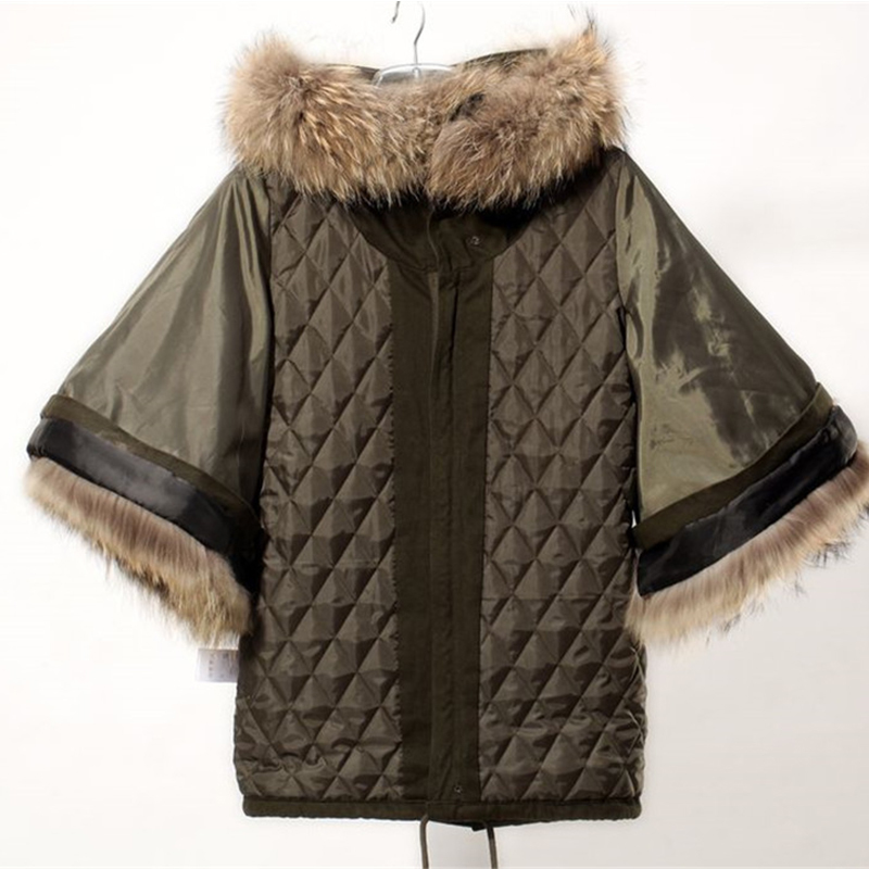 Women Winter Coat Jacket Raccoon Large Fur Collar Army Green Casual Overcoat Flare Sleeve Cloak Cottonpadded Outerwear