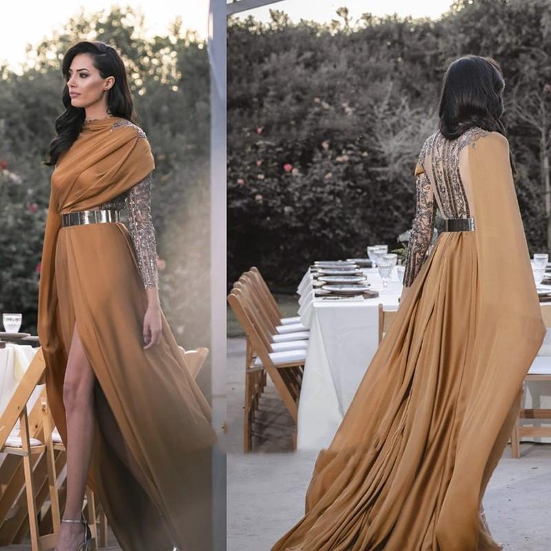 Luxury Arabic Long Sleeve Evening Dress with Cape High Slit Elegant Women Dubai indian Formal prom Dresses Beaded