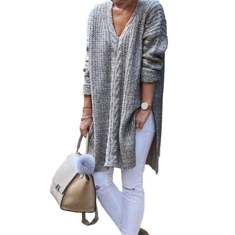 Womens Knitted Sweater Split Long Sleeve Loose Kint Sweater Ladies Tops Pullover Winter Knitted Jumper Oversized T200319