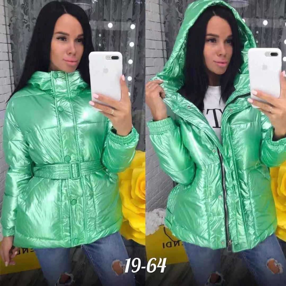 Glossy Silver Winter Jacket Women with Belt Cotton Padded Bomber Hooded Puffer Coat Abrigos Mujer Invierno 201026