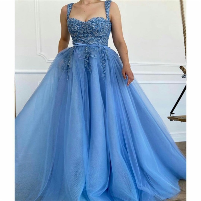 Chic Prom Dresses 3D Floral Appliqued Lace Beads A Line Evening Dresses Spaghetti Strap Sleeveless Formal Party Dress Custom Made