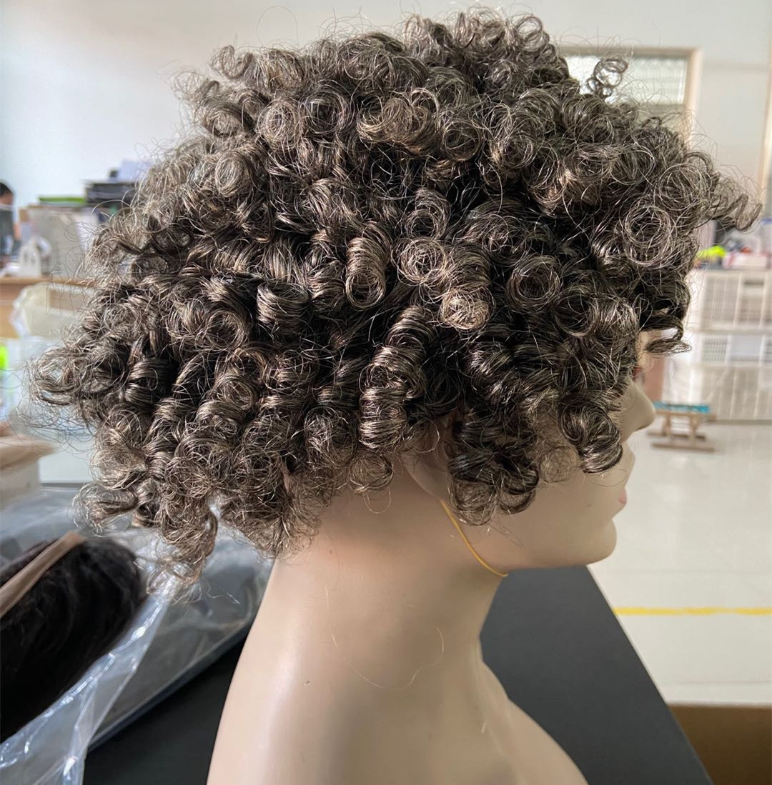 Fashion gray human hair wig short two tone mixed silver grey soft salt and pepper afro kinky curly non lace wig