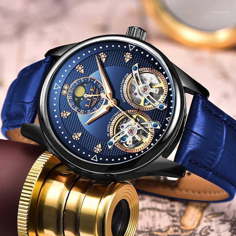

2020 LIGE Brand Men Watches Automatic Mechanical Watch Tourbillon Clock Leather Casual Business Retro Wristwatch Relojes Hombre1, Gold black
