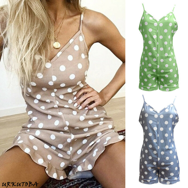 Women Fashion Polka Dot Printed Sling Collar Holiday Straps Playsuit Romper Ladies Jumpsuit Shorts Size 6-12 Playsuit T200527