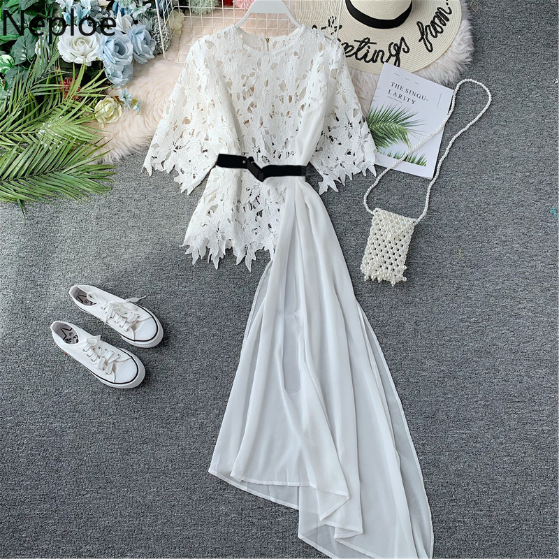 Neploe White Irregular Women Blouse Fashion Patchwork Hollow Out Lace Blusas Belted Elegant Office Lady Long Blouses Tops T200321