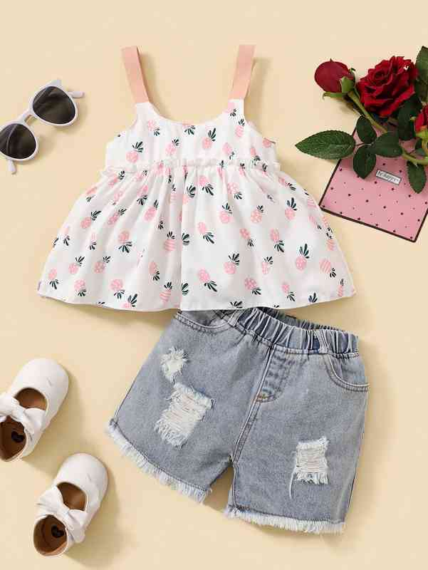 Baby Girl Cartoon Graphic Frill Trim Cami Top With Denim Shorts SHE