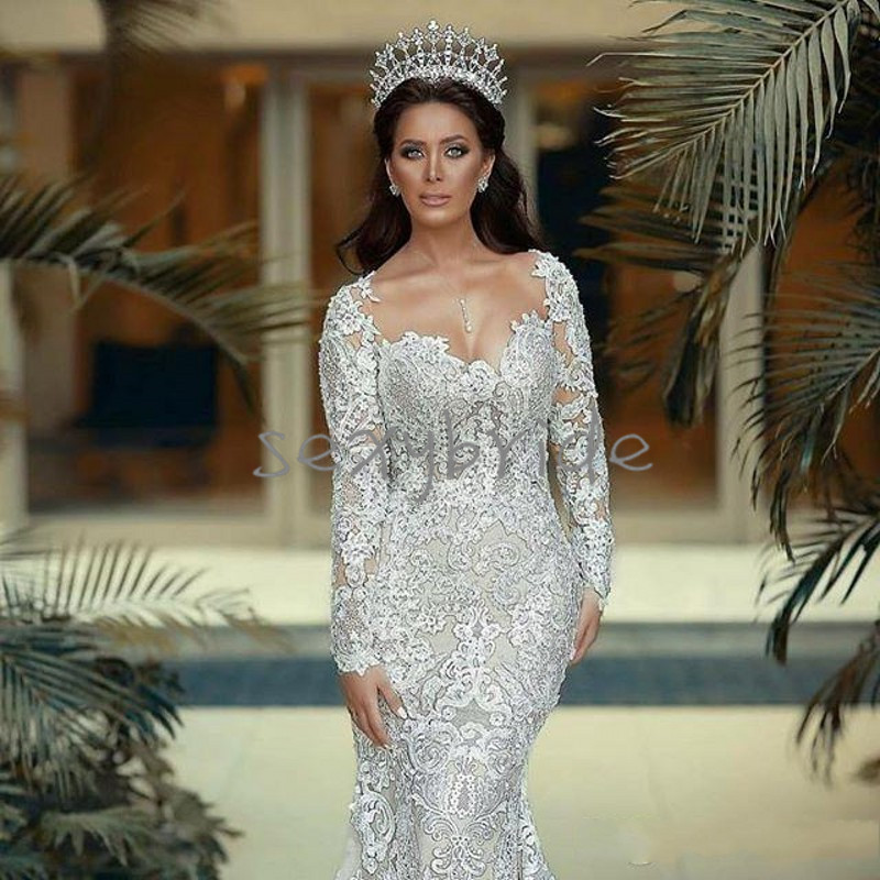 Luxury Full Lace Mermaid Wedding Dresses Vintage Overskirts Pearls Beading Long Sleeve Bridal Gowns 2021 Appliqued Arabic Dubai Vestidos