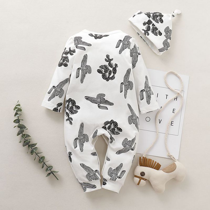 2pcs Baby Clothing Newborn Baby Kids Boys Girls Cactus Romper with beanie turban Full Sleeve Jumpsuit Cotton Outfit Set 201027
