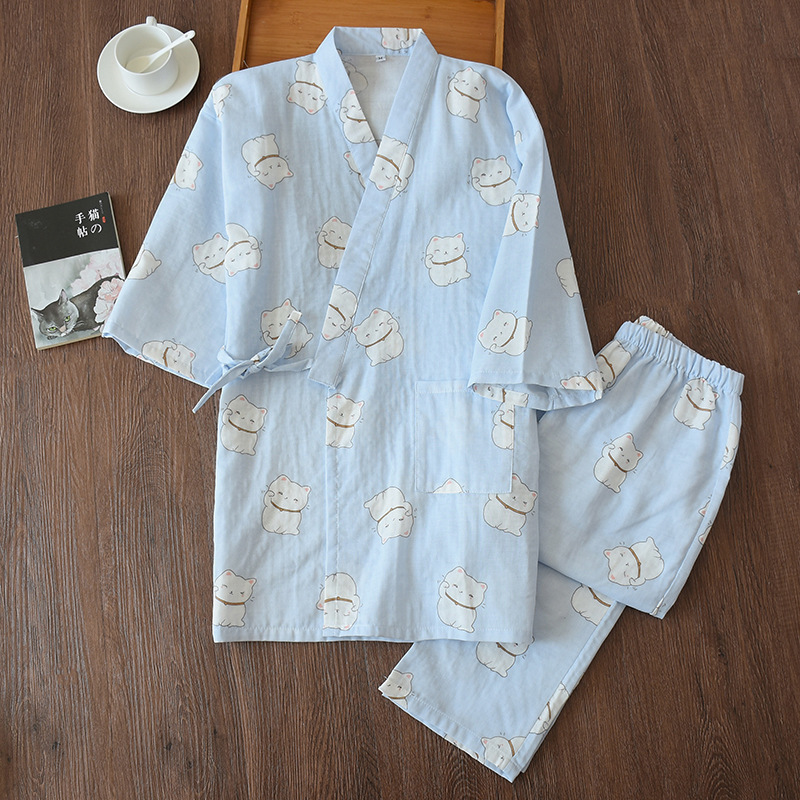 New Ladies Cartoon Cat Print Kimono Trousers Pajamas Suit Cotton Home Service Bath Steamed Clothes Women's Pajama Pants T200429