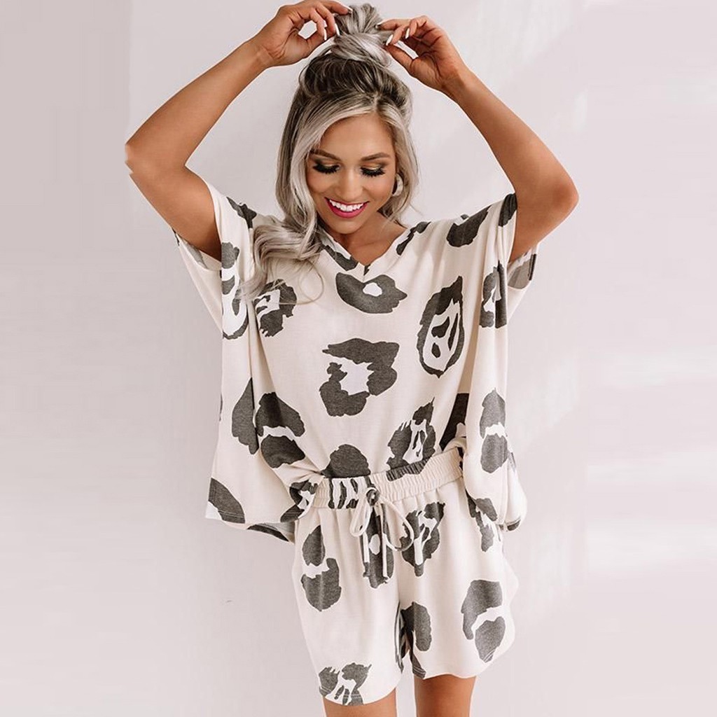 2020 Summer Loungewear Women Pajama Set Casual Sleepwear Tops and Shorts Outfits Set Leopard Print Short Sleeve Lounge Home Wear T200603