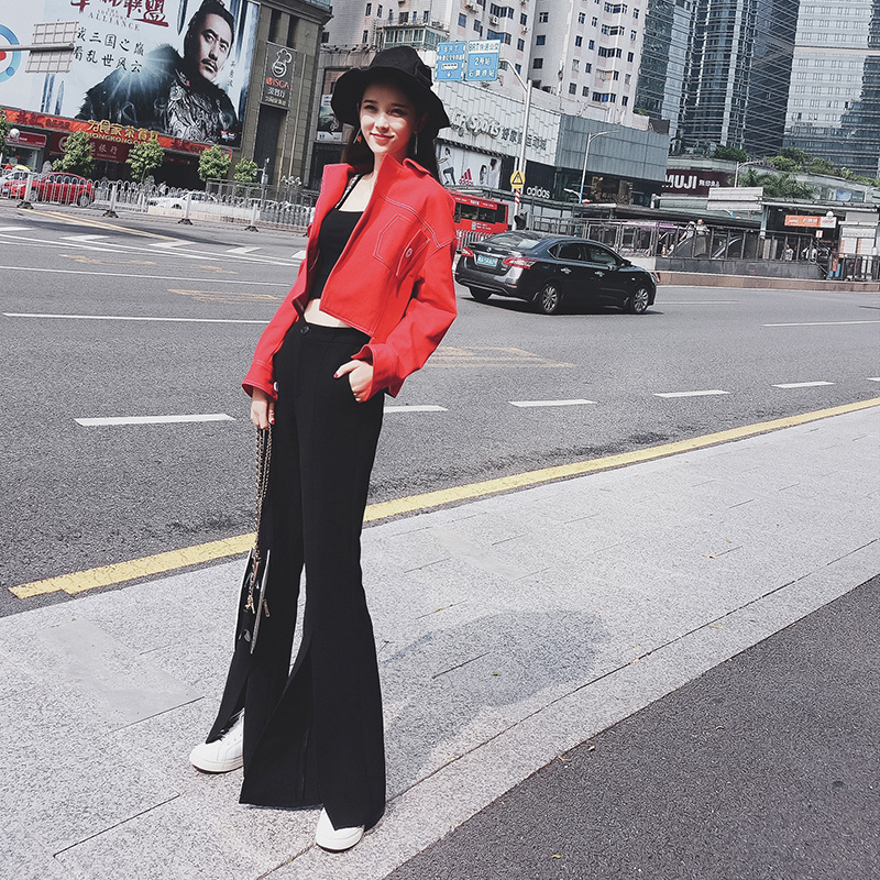 Mishow 2019 Spring And Autumn Women Denim Jacket Vintage Cropped Short Denim Coat LongSleeve Slim Red Jeans tops T200319