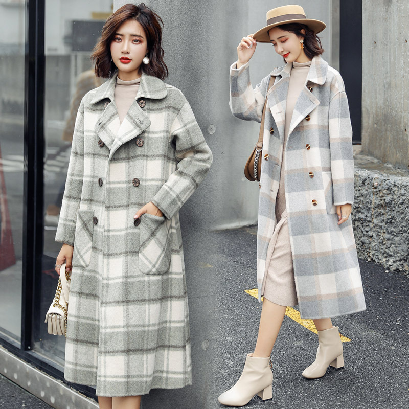 Sweet Plaid Long Coat for Women Wide-waisted Wool Coat and Jacket Turn-down Collar Pockets Women Clothes 201103