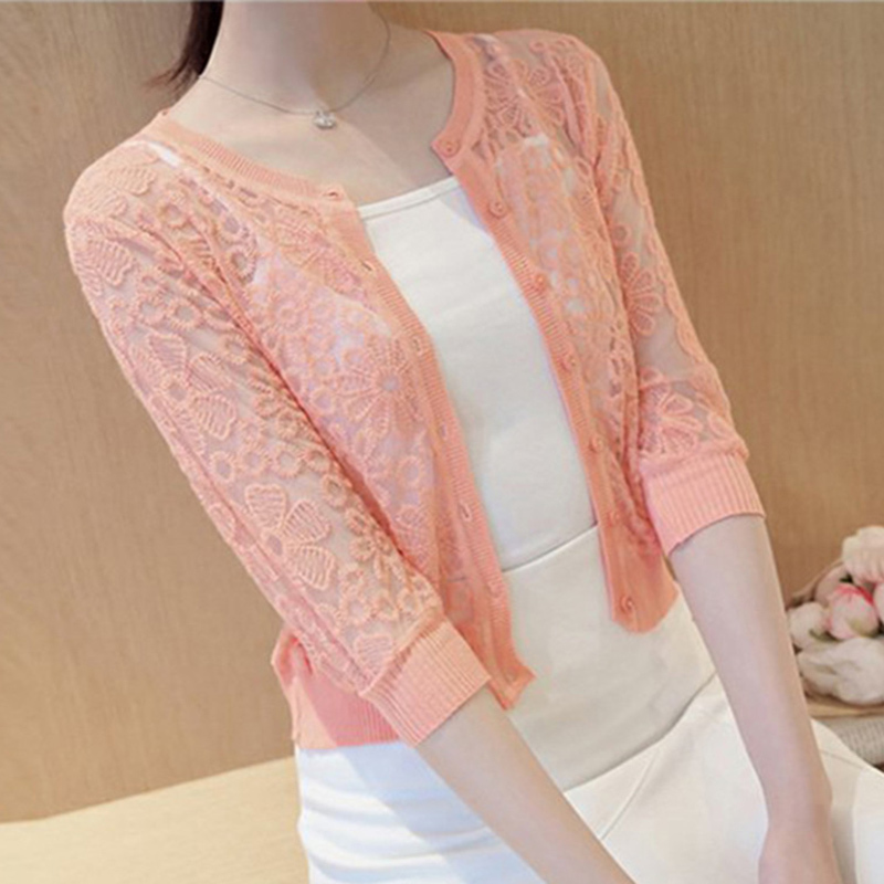 Sexy Lace Cardigan Sweater Women Knit Cardigan Women Summer Thin Sweater Female Korean Slim Button Cardigan Female Plus Size 201222